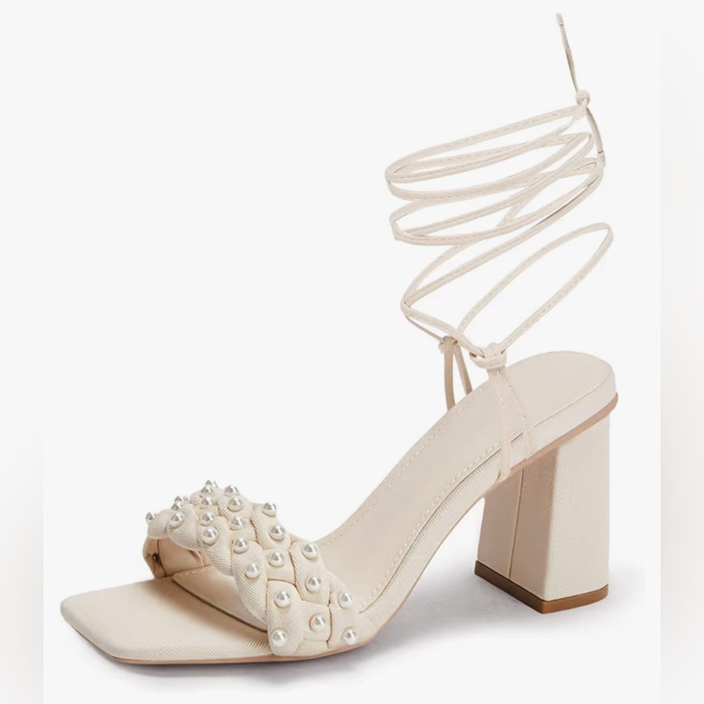 NEW Coutgo Womens Pearl Strappy Braided Lace Up Heeled Sandals - Size: 9.5